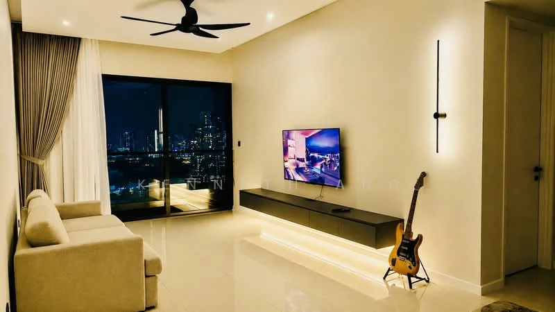 Living features: 3-seater fabric sofa in beige, wall-mounted TV, TV console with storage, floor-to-ceiling windows, city skyline view, recessed LED downlights, 5-blade ceiling fan with light, light wood flooring, decorative wall sconce, curtains, acoustic guitar; style: modern; view: city.