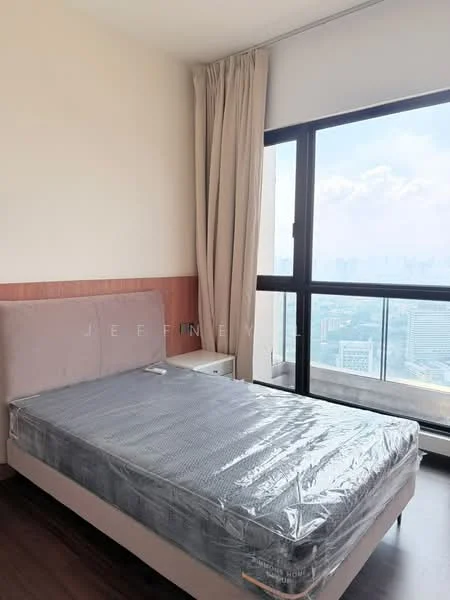 Bedroom features: king-size bed, upholstered headboard, nightstand, floor-to-ceiling windows, curtains, wooden flooring, city view, mattress with plastic cover; style: modern; view: city.