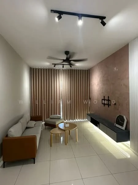 Living features: 3-seater fabric sofa in light grey, 2-seater leather sofa in brown, round coffee table with wooden top, TV console with wall-mounted TV, recessed LED downlights, 5-blade ceiling fan, floor-to-ceiling windows with sheer curtains, accent wall with textured finish, white tiled flooring, decorative wall paneling; style: modern.