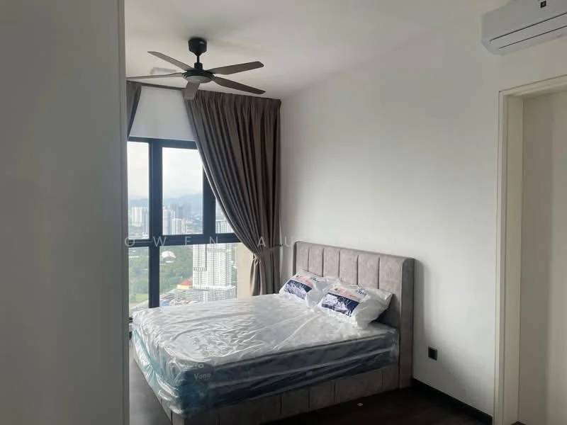 Bedroom features: king-size bed, upholstered headboard, bedside lamps, floor-to-ceiling windows, curtains, ceiling fan, wall-mounted air conditioning unit, dark wood flooring; style: modern; view: city.