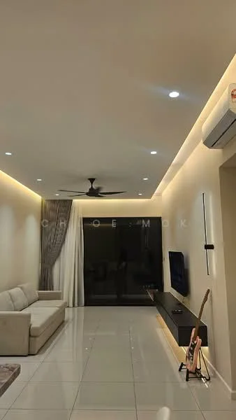 Living features: 3-seater fabric sofa in light color, wall-mounted TV, TV console, recessed LED downlights, ceiling fan, floor-to-ceiling windows, sheer curtains, polished ceramic tile flooring, decorative wall with lighting, neutral painted walls; style: modern.