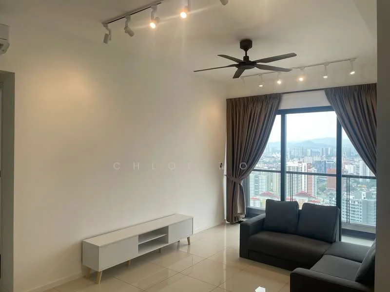Living features: 3-seater fabric sofa in grey, white TV console, floor-to-ceiling windows, city view, curtains, recessed LED downlights, 5-blade ceiling fan, cream painted walls, glossy tile flooring; style: modern; view: city.
