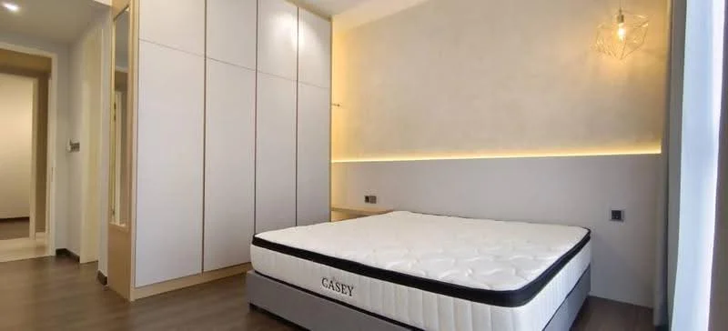 Bedroom features: queen-size bed, upholstered headboard, built-in wardrobe with sliding doors, wall-mounted light fixture, recessed LED lighting, wooden flooring, neutral wall color, decorative wall paneling; style: modern.