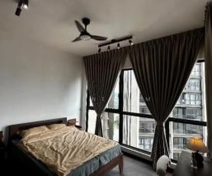 Bedroom features: king-size bed, upholstered headboard, floor-to-ceiling windows, sheer curtains, blackout curtains, ceiling fan, wooden flooring, decorative wall lighting; style: modern; view: city.