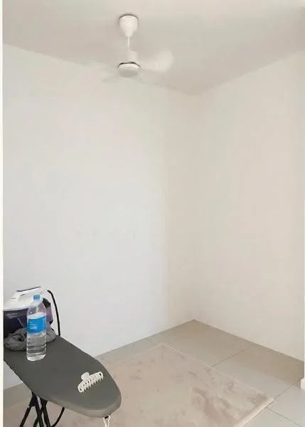 Room features: white painted walls, tile flooring, ceiling fan, ironing board, water bottle, area rug.