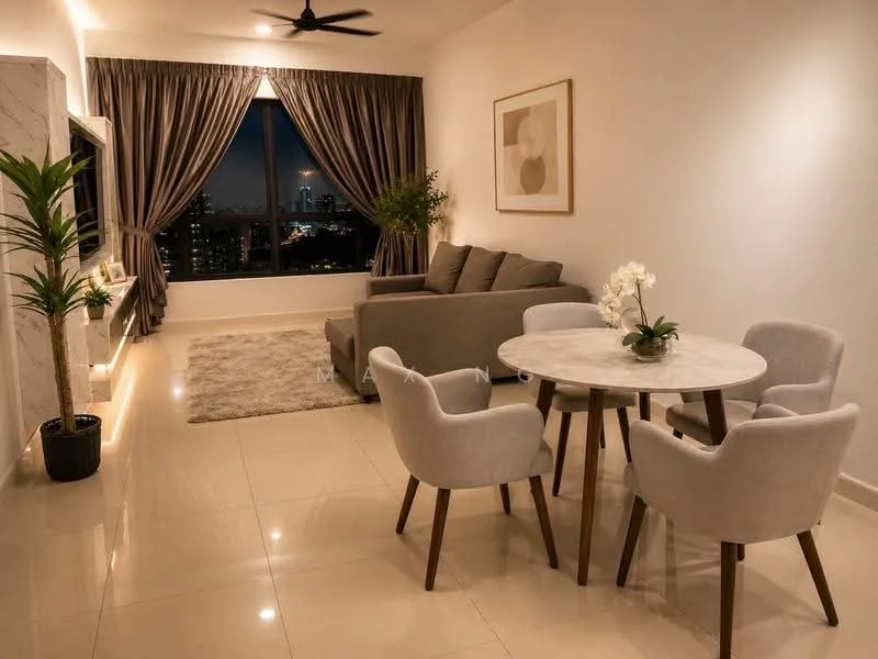 Living features: 3-seater fabric sofa in grey, round marble-top dining table, 4 upholstered dining chairs with wooden legs, floor-to-ceiling windows, curtains in taupe, wall-mounted TV, decorative plant in pot, framed artwork on wall, recessed LED downlights, polished ceramic tile flooring; style: modern; view: city.