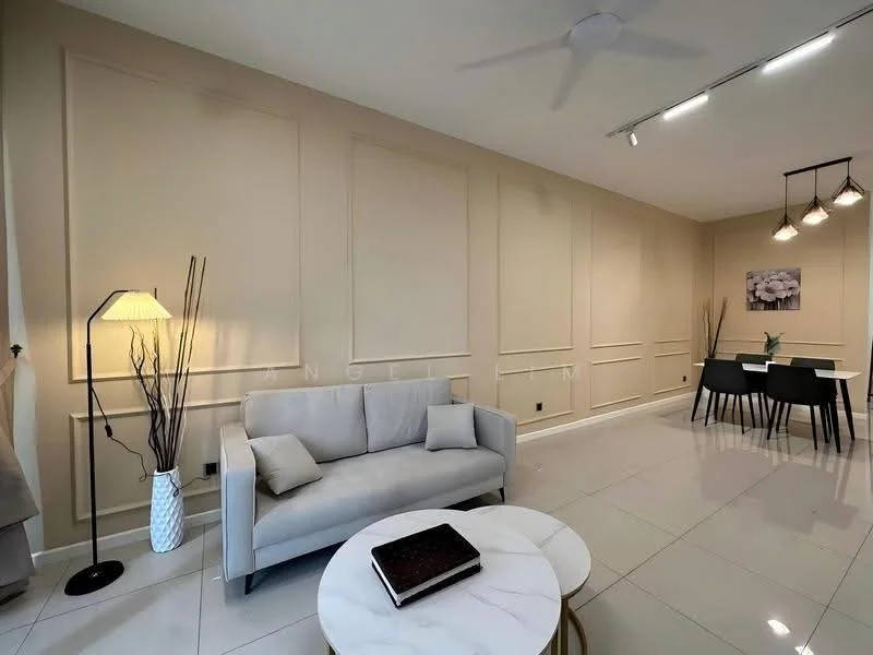 Living features: light grey fabric sofa, round marble coffee table, white floor tiles, recessed ceiling lights, 5-blade ceiling fan, decorative wall paneling, floor lamp, black dining table with four chairs, wall-mounted artwork; style: modern.
