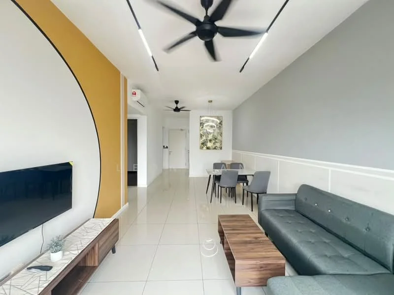 Living features: grey painted walls, yellow accent wall, white wainscoting, polished ceramic tile flooring, 5-blade ceiling fan, wall-mounted TV, wooden TV console, grey fabric sofa, wooden coffee table, dining table with 4 grey upholstered chairs, decorative wall art, recessed lighting; style: modern.
