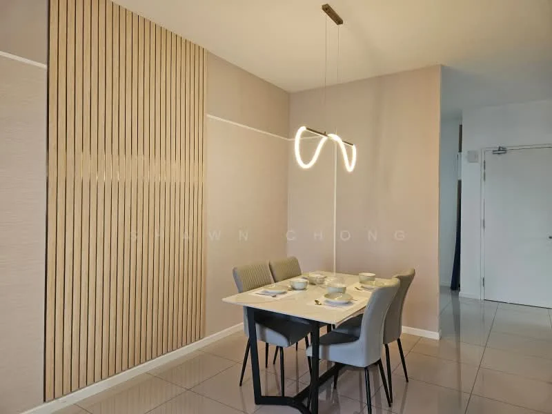 Dining features: dining table with light wood surface, 4 upholstered dining chairs in grey, pendant light fixture with modern design, textured wall with vertical wood paneling, light beige painted walls, glossy tile flooring, decorative wall with horizontal line detail, doorway leading to another room; style: modern.