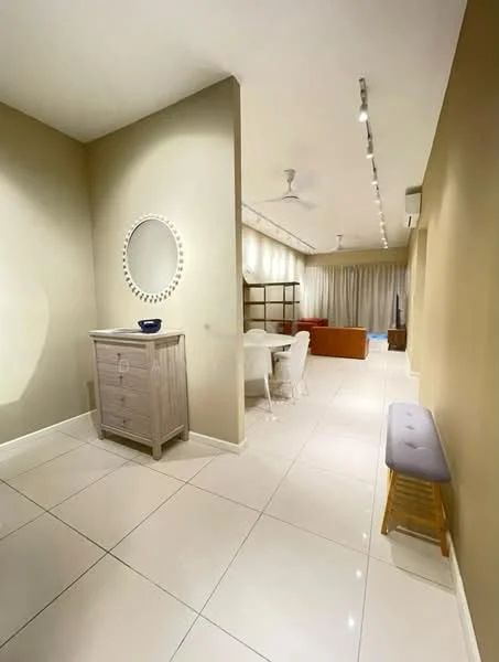 Room features: cream painted walls, white tile flooring, recessed downlights, ceiling fan, round mirror, wooden sideboard, white dining table, upholstered dining chairs, sofa in orange, curtains, open shelving unit; style: modern.