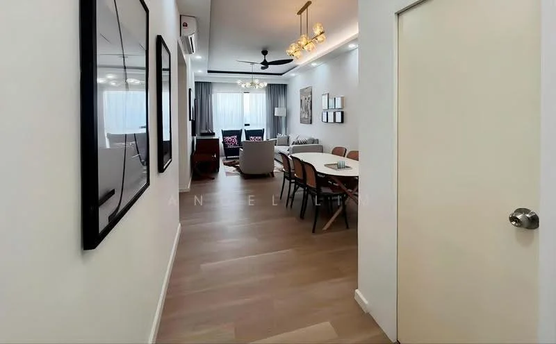 Room features: light wood flooring, white painted walls, recessed downlights, 5-blade ceiling fan, dining table with chairs, framed artwork on walls, large windows with sheer curtains, open layout, sofa with decorative cushions, TV console, decorative lighting fixture; style: modern.