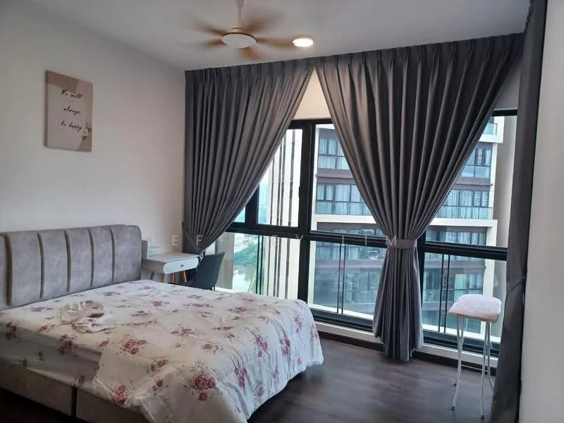 Bedroom features: king-size bed with upholstered headboard, floral patterned bedding, 2 bedside tables, floor-to-ceiling windows, grey curtains, wooden flooring, ceiling fan with light, decorative wall art; style: modern; view: city.