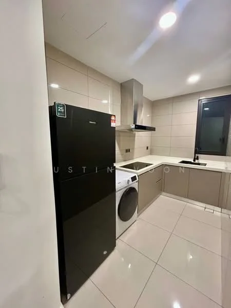 Kitchen features: black fridge, white washing machine, stainless-steel range hood, white countertop, grey cabinetry, cream tiled backsplash, white wall tiles, grey floor tiles, single-bowl stainless-steel sink, built-in oven, recessed downlights, window with black frame; style: modern.