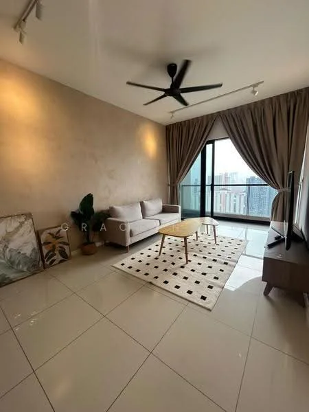 Living features: 3-seater fabric sofa in light grey, wooden coffee table, area rug with geometric pattern, floor-to-ceiling windows, sliding glass door, curtains in beige, ceiling fan with light, wall-mounted TV, decorative plant in ceramic pot, framed artwork, glossy tile flooring in cream, accent wall in beige; style: modern; view: city.