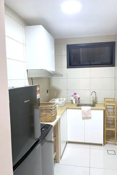 Kitchen features: white cabinetry, light wood countertop, stainless-steel sink, chrome pull-down faucet, built-in range hood, black refrigerator, basket for storage, dish rack, white tiled walls, white tiled flooring, window above sink; style: modern.