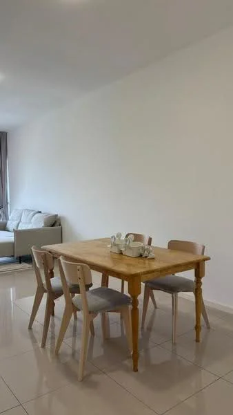 Dining features: wooden dining table, 4 wooden dining chairs with upholstered seats, white walls, glossy tile flooring, natural light from window, minimalist decor; style: modern. Living features: sofa in light grey fabric, neutral color palette, natural light from window; style: modern.