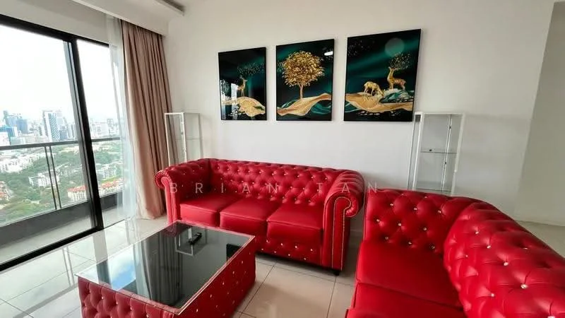 Living features: red tufted leather sofas, glass coffee table, floor-to-ceiling windows, city skyline view, white painted walls, cream curtains, framed artwork on walls, polished tile flooring; style: modern; view: city.