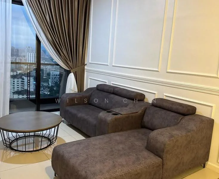 Living features: 2-seater sectional sofa in brown fabric, coffee table with metal base, floor-to-ceiling windows, curtains in light beige, white painted walls with paneling, tile flooring in light color, city view from window; style: modern; view: city.