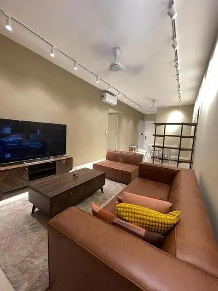 Living features: 3-seater leather sofa in brown, 2-seater leather sofa in brown, wooden coffee table, TV console, wall-mounted TV, area rug, 5-blade ceiling fan, recessed LED downlights, cream painted walls, wooden shelving unit, air conditioning unit; style: modern.