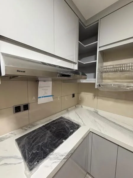 Kitchen features: stainless-steel range hood, granite countertop, white cabinetry, open shelving, built-in oven, black cooktop, tile backsplash, recessed lighting; style: modern.