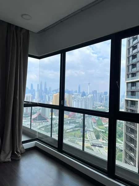 Room features: floor-to-ceiling windows, curtains, city skyline view, wooden flooring, corner unit, balcony access; style: modern; view: city.