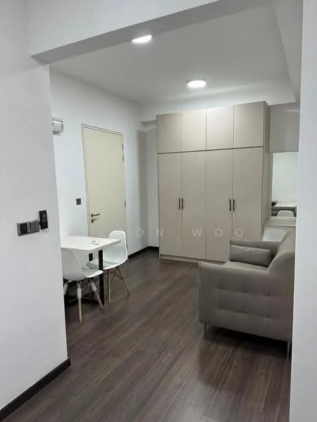 Living features: laminate flooring, white painted walls, recessed downlights, sofa in light grey fabric, dining table with white chairs, built-in wardrobe with light wood finish, mirror on wall, air conditioning unit, door leading to hallway; style: modern.