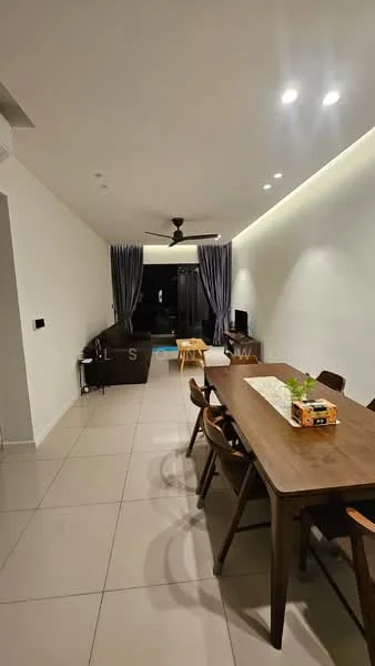 Living features: white painted walls, tile flooring, 5-blade ceiling fan with light, recessed LED downlights, sofa in dark brown, TV console, wall-mounted TV, dining table with wooden surface, upholstered dining chairs, decorative centerpiece on dining table, curtains in dark grey, open layout, area rug; style: modern.