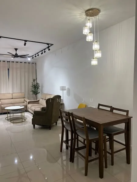 Living features: 3-seater fabric sofa in beige, armchair in green, round coffee table with metal base, dining table with 4 wooden chairs, pendant light with multiple glass shades, ceiling fan with light, white painted walls, glossy tile flooring, sheer curtains, track lighting; style: modern.