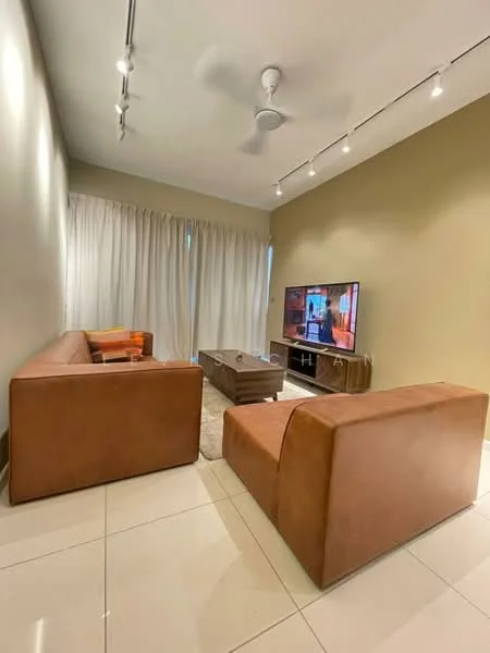 Living features: 2-seater leather sofa in brown, 3-seater leather sofa in brown, coffee table, wall-mounted TV, TV console, area rug, floor-to-ceiling curtains, recessed downlights, ceiling fan with light, cream painted walls, glossy tile flooring; style: modern.