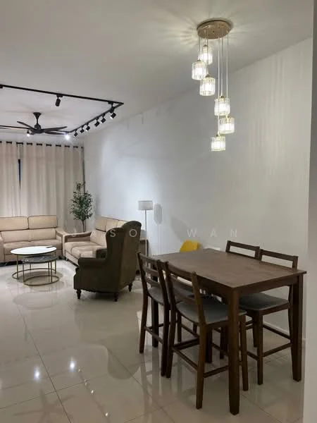 Living features: 3-seater fabric sofa in beige, armchair in green, round coffee table with white top, 4-seater wooden dining table, wooden dining chairs, pendant light fixture with multiple bulbs, ceiling fan with light, floor-to-ceiling curtains in light color, glossy tile flooring, decorative plant in pot, wall-mounted lighting track; style: modern.