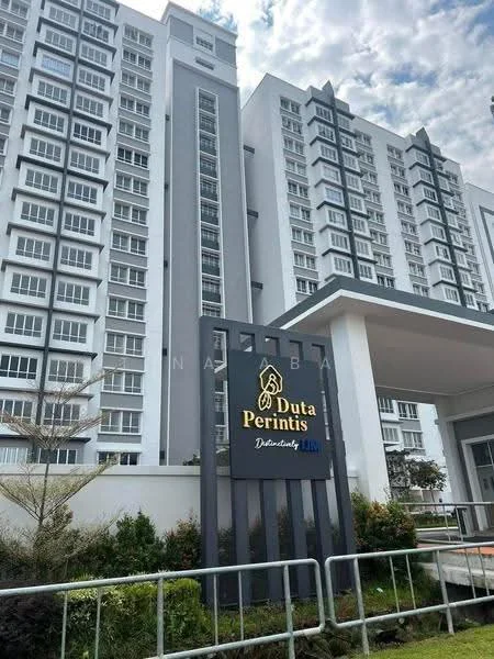Exterior type: high-rise condominium; features: white painted facade, grey accent panels, multiple balconies, landscaped garden area, signage with name 'Duta Perintis', glass windows, entrance canopy, surrounding greenery, parking area, modern architectural design; style: modern.