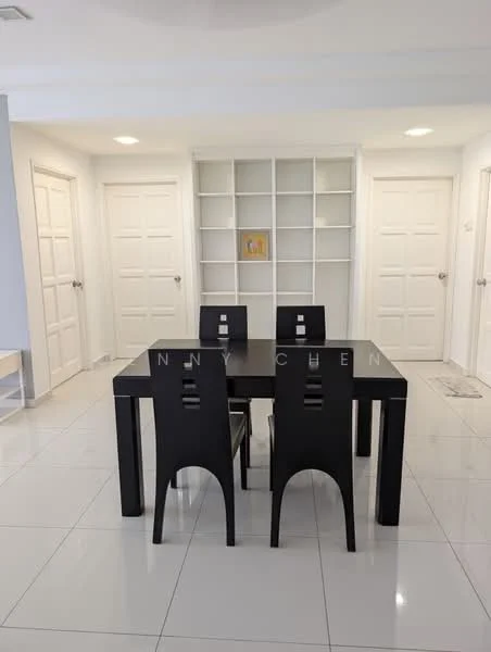 Dining features: black dining table, 4 black dining chairs, white walls, white tiled flooring, built-in shelving unit, 2 white doors, recessed ceiling lights, neutral decor; style: modern.