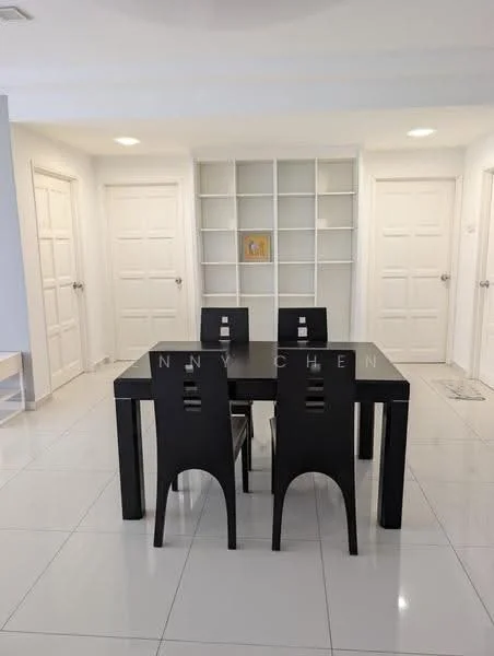 Dining features: black dining table, 4 black dining chairs, white walls, white ceiling, recessed downlights, glossy white tile flooring, built-in shelving unit, double doors, neutral decor; style: modern.
