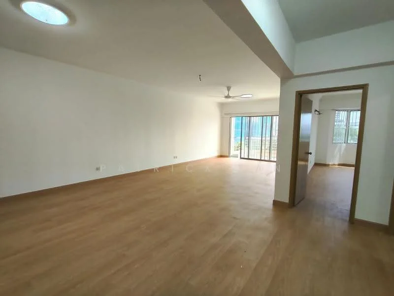 Living features: light wood laminate flooring, white painted walls, ceiling fan, large sliding glass door, floor-to-ceiling windows, natural light, open layout, no visible furniture; style: modern; view: garden. Room features: white painted walls, light wood laminate flooring, doorway leading to another room.