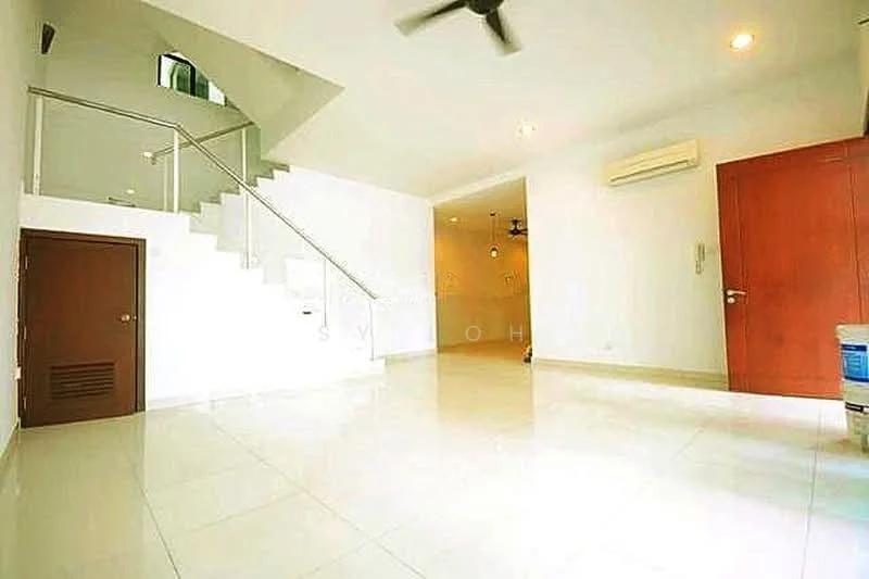 Room features: white painted walls, glossy ceramic tile flooring, ceiling fan, recessed downlights, staircase with glass railing, air conditioning unit, wooden door, open layout; style: modern.