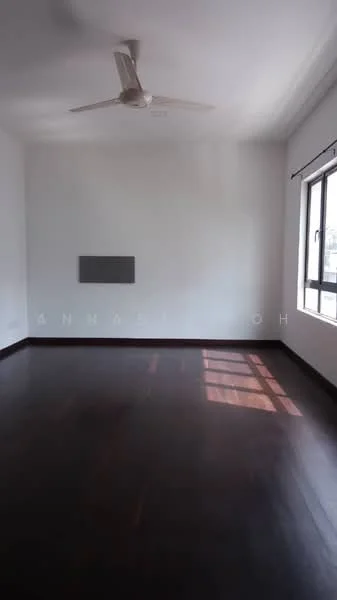Room features: white painted walls, dark wood flooring, ceiling fan, window with view, mounted wall panel, natural light from window.