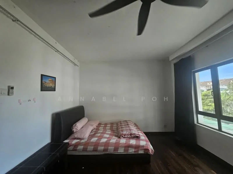 Bedroom features: queen-size bed with checkered bedding, wooden flooring, ceiling fan, large window with view, white painted walls, black upholstered headboard, black storage bench, curtains; style: modern; view: garden.