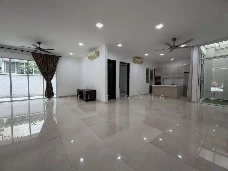 Living features: marble tile flooring, white painted walls, recessed downlights, 2 ceiling fans, floor-to-ceiling windows, sheer curtains, open layout, built-in cabinetry, sliding glass door, natural light; style: modern; view: garden. Kitchen features: kitchen island, stainless-steel appliances, wood cabinetry, open layout, recessed downlights; style: modern.