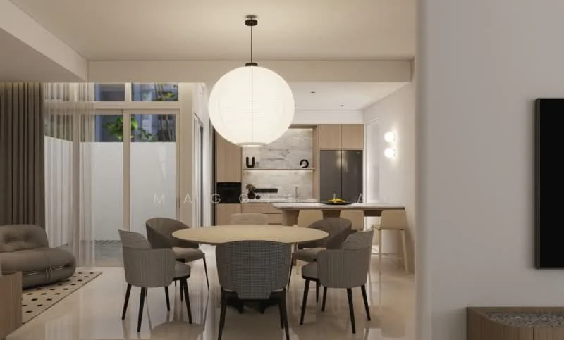 Dining features: round dining table, upholstered dining chairs, pendant lamp, white walls, polished tile flooring, floor-to-ceiling windows, open layout to kitchen, decorative wall art, neutral color palette; style: modern; view: garden. Kitchen features: kitchen island, stainless-steel appliances, grey cabinetry, marble backsplash, recessed downlights; style: modern.