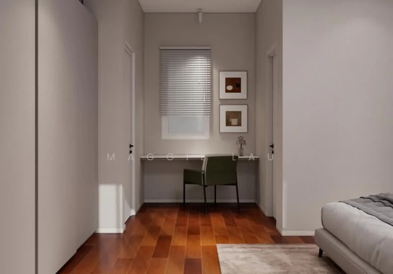 Room features: wooden flooring, light grey painted walls, white window with blinds, desk with chair, framed artwork on walls, recessed lighting, corner space, neutral color palette; style: modern.