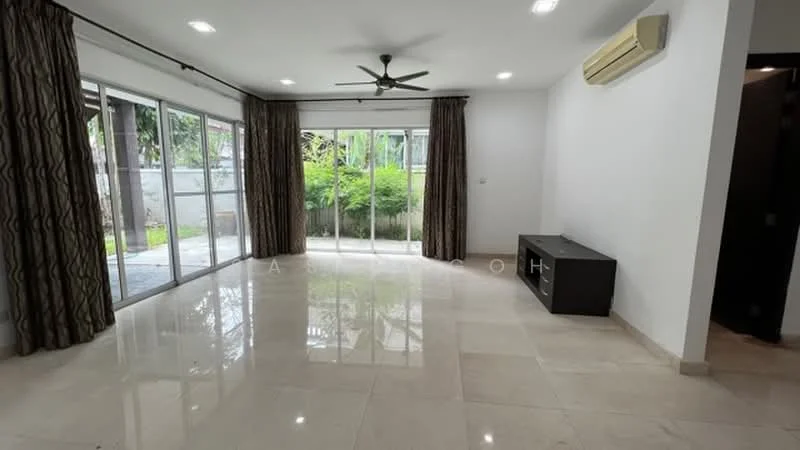 Living features: marble tile flooring, white painted walls, 5-blade ceiling fan with light, floor-to-ceiling sliding glass doors, curtains, wall-mounted TV console, recessed downlights, air conditioning unit; style: modern; view: garden.