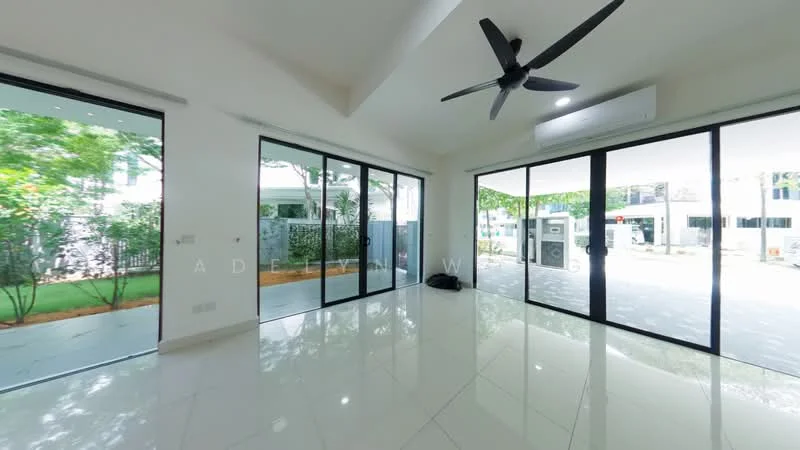 Living features: white painted walls, polished ceramic tile flooring, 5-blade ceiling fan with integrated LED light, floor-to-ceiling windows, sliding glass door, natural light from windows, view of garden, air conditioning unit; style: modern; view: garden.