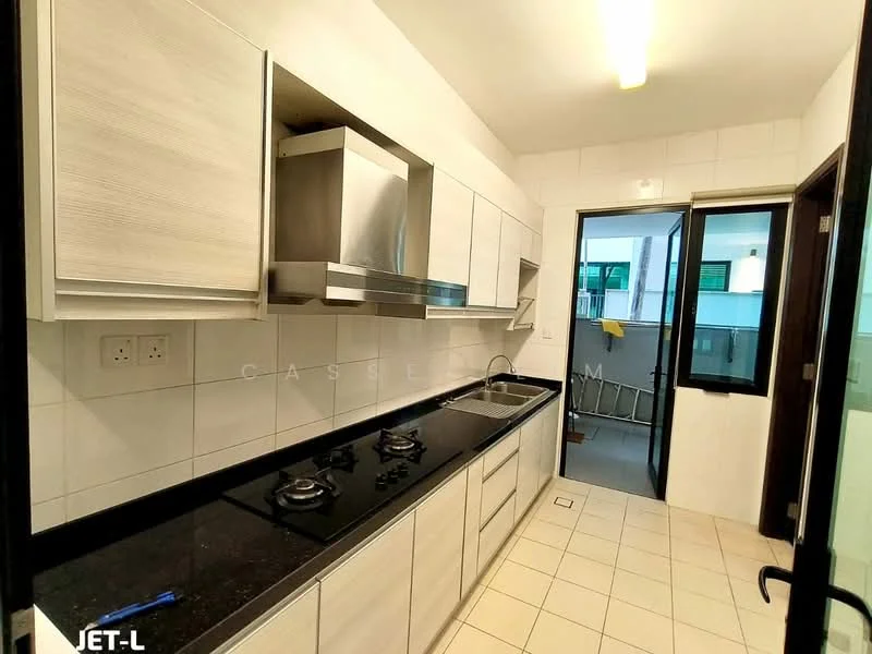 Kitchen features: white laminate cabinetry, black granite countertop, stainless-steel sink, chrome pull-down faucet, built-in stainless-steel oven, built-in stainless-steel hood, 4-burner gas hob, ceramic tile flooring, white tiled backsplash, wall-mounted cabinets, open shelving, window with view to outdoor area, door leading to balcony; style: modern.