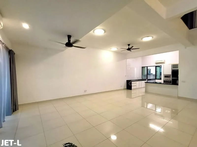 Living features: white painted walls, glossy ceramic tile flooring, recessed downlights, 2 ceiling fans, large windows, open layout to kitchen, curtains, neutral color scheme; style: modern. Kitchen features: kitchen island, built-in cabinets, stainless-steel appliances, open layout to living area; style: modern.