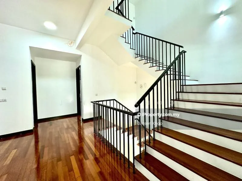 Room features: wooden flooring, white painted walls, black metal railing, staircase with wooden steps, recessed lighting, high ceiling, open space layout; style: modern.