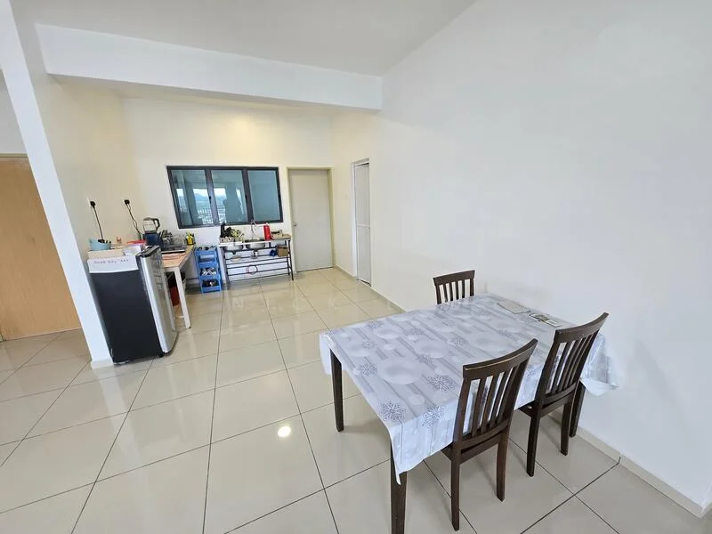 Dining features: 4-seater dining table with white tablecloth, ceramic tile flooring, white painted walls, large window with black frame, recessed ceiling lights, open layout to kitchen, neutral decor; style: modern. Kitchen features: stainless-steel fridge, kitchen countertop with storage below, open shelving, sink with faucet, kitchen appliances visible, tile backsplash, multiple storage units; style: modern.
