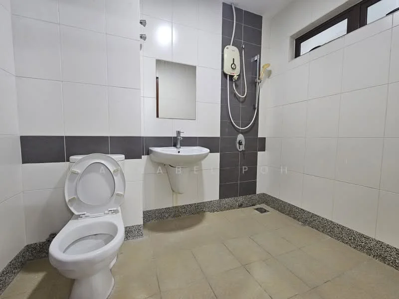 Bathroom features: white tiled walls, grey accent wall, ceramic tile flooring, single-sink vanity, chrome basin mixer faucet, framed mirror, one-piece toilet, shower with wall-mounted water heater, shower head, window for natural light; style: modern.