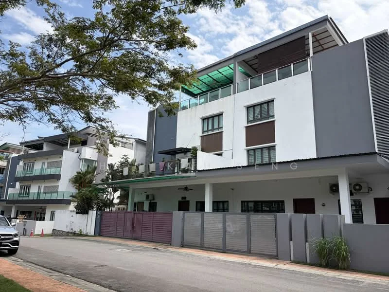 Exterior type: linked terrace house; features: grey painted facade, white painted facade, flat roof, two-storey building, recessed balconies, manicured lawn, paved driveway, multiple air conditioning units visible, guard house at entrance, perimeter fence, gated entry; style: modern.