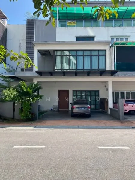 Exterior type: linked terrace house; features: white painted facade, glass balcony railing, flat roof, 2-storey structure, manicured landscaping with palm trees, driveway with interlocking pavers, car porch with awning, large windows, main entrance door, visible parking area; style: modern.