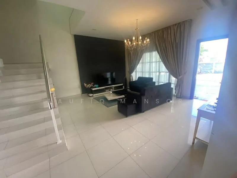 Living features: white painted walls, glossy white tile flooring, chandelier, black accent wall, sofa in dark color, coffee table, TV console, floor-to-ceiling windows, sheer curtains, decorative plant, area rug, open staircase; style: modern; view: garden.